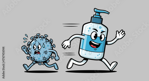 Humorous cartoon depicting a virus fleeing from a determined hand sanitizer bottle