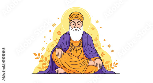 Guru Nanak Dev Ji Illustration with divine aura, in seated position and floral background
