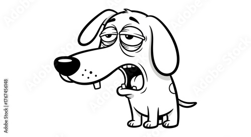 Monochrome cartoon rendition of a tired canine with drooping eyes and expressive yawn