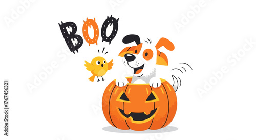 Adorable canine companion celebrating halloween with a playful 'boo' and a cheerful bird