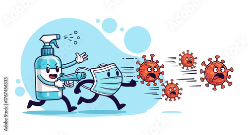 Cartoon Illustration of Sanitizer and Mask Chasing Coronavirus for Health Awareness Graphic