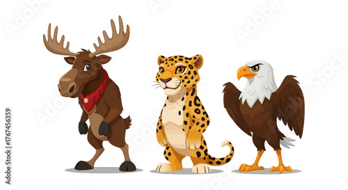 Delightful cartoon illustration of moose, jaguar, and eagle characters in a playful pose