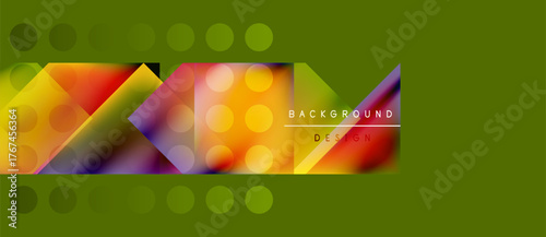 Abstract geometric shapes, vibrant colors, olive background. Modern design elements create dynamic visual texture.