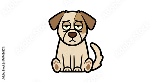Cartoonish canine character with a melancholic demeanor sitting isolated on a clean white background