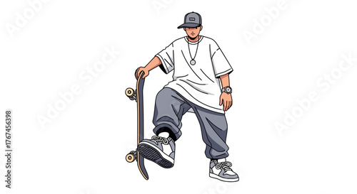 Skateboarder cartoon character illustration with urban style in casual apparel on white backdrop