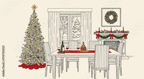 Festive Christmas interior sketch with decorated tree fireplace and dining table scene