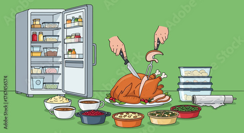 A cartoon Thanksgiving feast being prepared and preserved for festive gatherings later