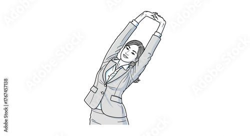 A businesswoman stretches her arms overhead while standing.
