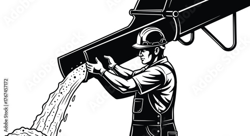 Construction worker pours concrete from a chute into a pile on a white background.