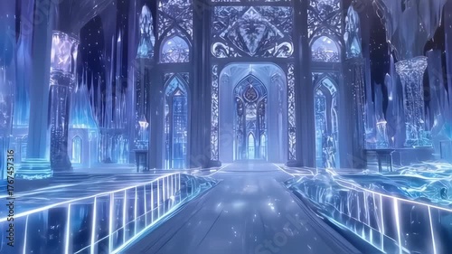 A stylized, icy, cathedral-like interior.  Ornate, light-blue structures with glowing accents create a grand hall