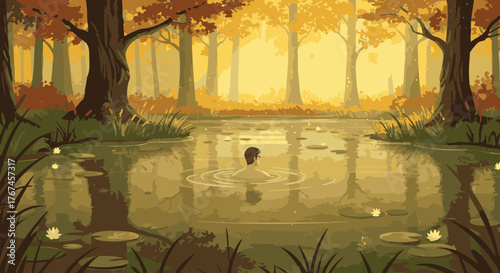 Tranquil Autumn Pond Amidst a Forest Grove, a Solitary Figure Immersed in Serene Nature