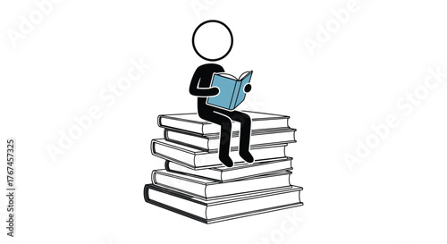 A simple illustration depicts a stick figure person reading a book while sitting on a stack of books.