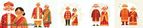 Indian old couple wearing traditional gold and red clothes
