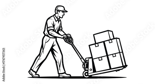 A delivery person pushes a pallet jack loaded with boxes.
