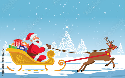 Experience the magic of Christmas in vibrant vector art—Father Christmas rides a festive chariot, drawn by a spirited deer, gifts overflowing, bursting with color and cheer