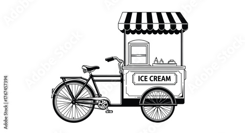 An ice cream cart is attached to a bicycle, ready to sell treats.