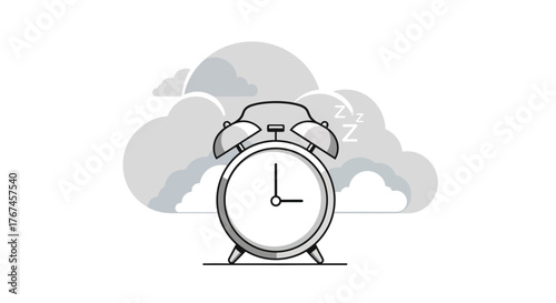 Alarm clock with sleeping clouds signifies early morning wake-up call.