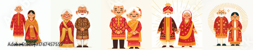Indian old couple wearing traditional gold and red clothes