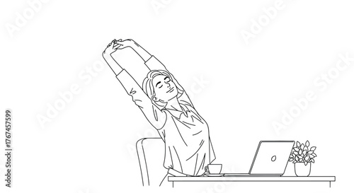 A person stretches at their desk, taking a break from work.