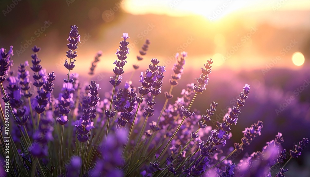 Naklejka premium Beautiful lavender field in soft morning sunlight