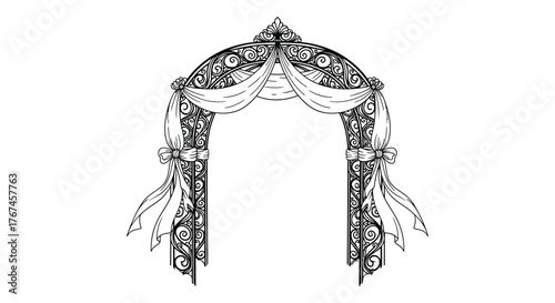 An ornate archway decorated with floral patterns and draped fabric symbolizes passage and celebration.