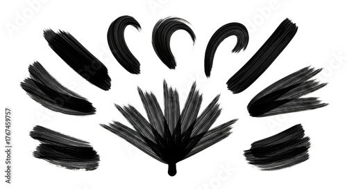 Black ink brush strokes design elements for graphic design and art work