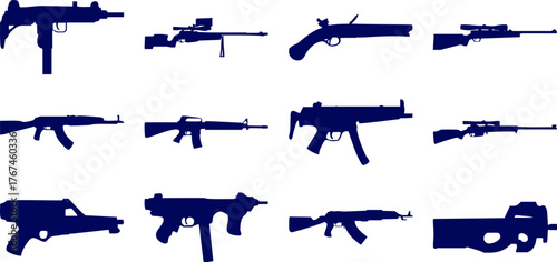 Hand made Set of various gun silhouettes including rifles and machine guns vector illustration for military or security concepts By Adobe illust