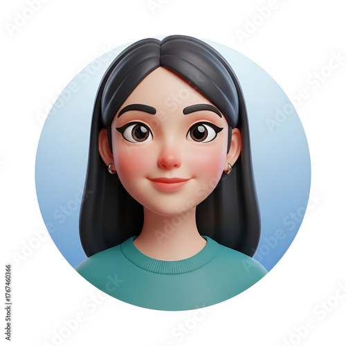 3d cartoon portrait of a young woman with dark hair and a friendly smile, isolated on light blue background isolated on transparent background