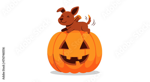 Festive autumn joy playful puppy sitting on top of grinning halloween pumpkin decoration