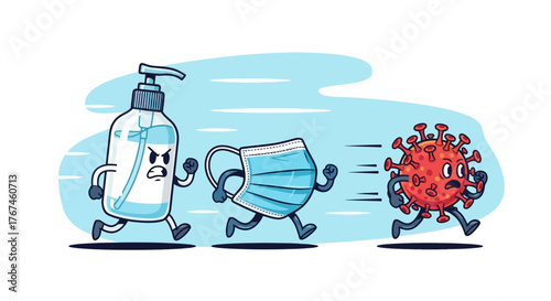 A cartoon illustration depicting hand sanitizer and a mask chasing a frightened virus symbolizing