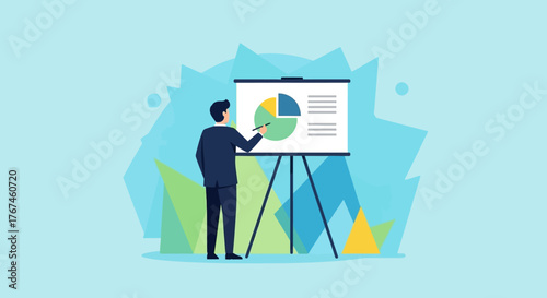 Professional presentation: Cartoon businessman giving a financial report using a pie chart and
