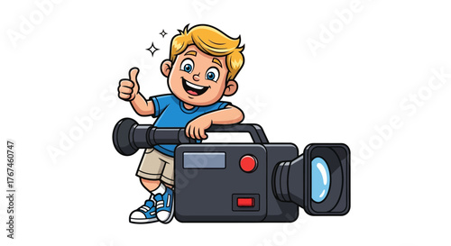 Enthusiastic young filmmaker character with vintage video camera giving thumbs up gesture