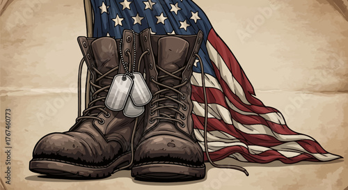 Symbolic artwork of military boots and American flag honors patriotic service