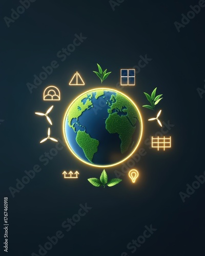 Green Earth with Renewable Energy Icons Global Sustainability Concept.