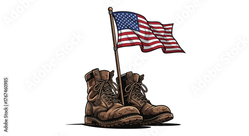 Worn military boots stand as a poignant tribute beneath a waving American flag of freedom