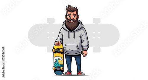 Hipster skater dude with a skateboard cartoon character ready to hit the streets smiling