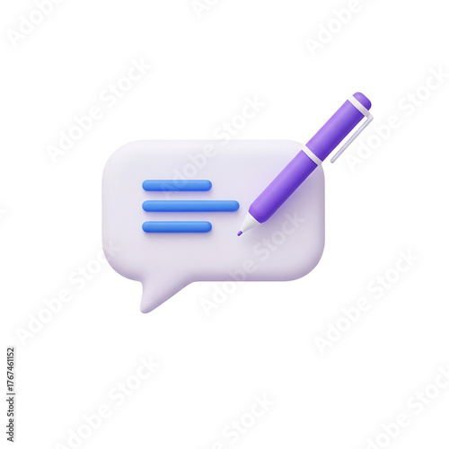 3d illustration of a purple pen writing on a white speech bubble with blue lines, isolated on transparent background