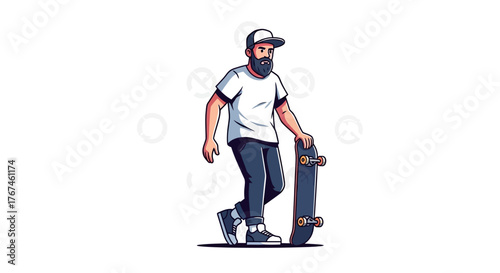 Cartoon illustration of a cool bearded skateboarder with a cap on a white background