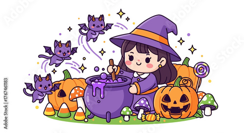 Charming Cartoon Halloween Scene: A Little Witch Brews Magic with Pumpkin Friends and Bat Cats