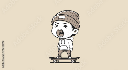 Cartoon skateboarder yelling with intensity and wearing a beanie in monochrome style