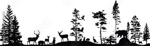 Silhouette of diverse wildlife including deer and bear in a dense forest landscape