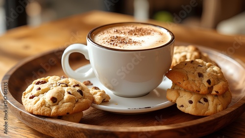 A cozy cup of coffee surrounded by delicious chocolate chip cookies on a wooden tray, perfect for a warm treat.