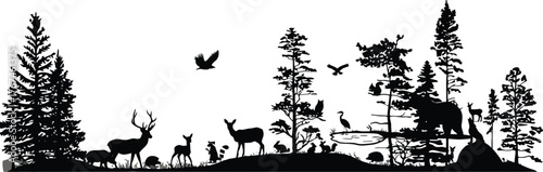 Silhouette of a majestic forest landscape with wildlife including deer bears and birds