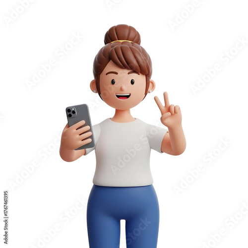 Cartoon woman with brown hair in a bun, wearing a white tshirt and blue pants, holding a smartphone and making a peace sign, isolated on transparent background