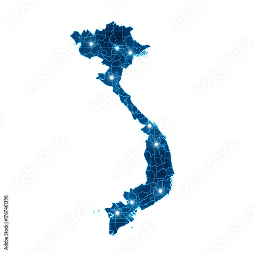 Map of vietnam with glowing lights indicating cities and administrative divisions, isolated on transparent background