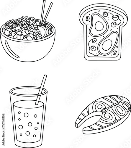 Healthy Food Meal Set Line Art. Poke Bowl, Avocado Toast, Grilled Salmon, and Beverage Outline Vector.e
