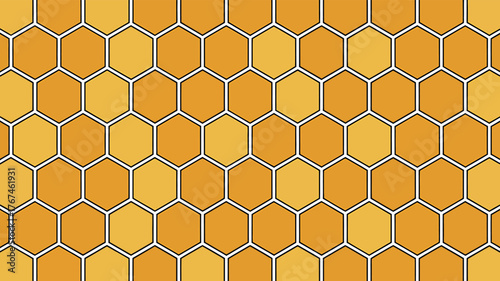 Honeycomb Pattern Gold and Orange Hexagons with Black Outlines on White Background Texture Design