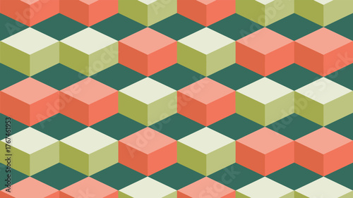 Isometric Cube Pattern Background in Retro Peach Salmon Green Color Vintage Surface Wallpaper