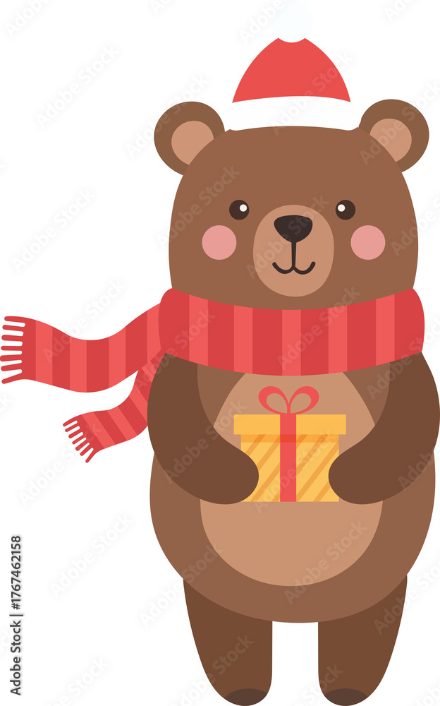 Fototapeta premium Cute Brown Bear with Red Scarf Holding Gift Box Cartoon Style