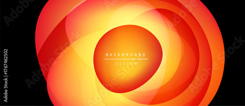 Abstract orange layers create glowing circular design. Text reads background design centered within bright core. Warm color palette dominates composition.